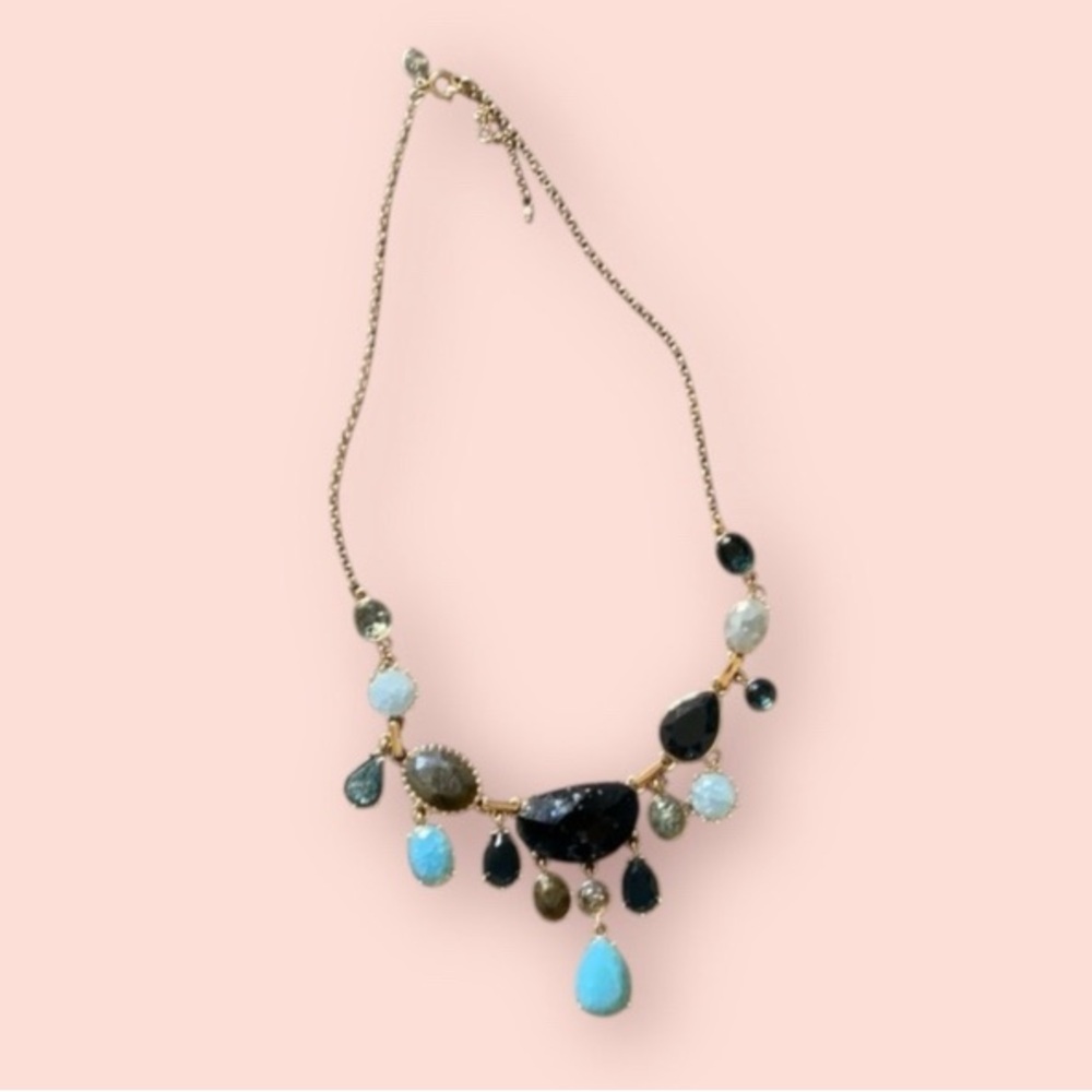 LOFT Gold Tone Blue Statement Necklace | Multicolor Glass Stones | Bib Necklace